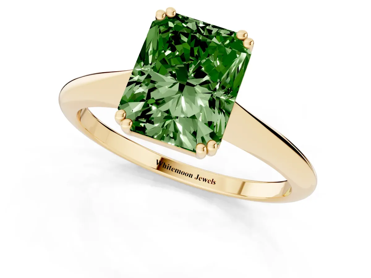 Fancy Green Radiant Cut Solitaire Diamond Ring with Six-Prong Setting and Classic Band Yellow gold