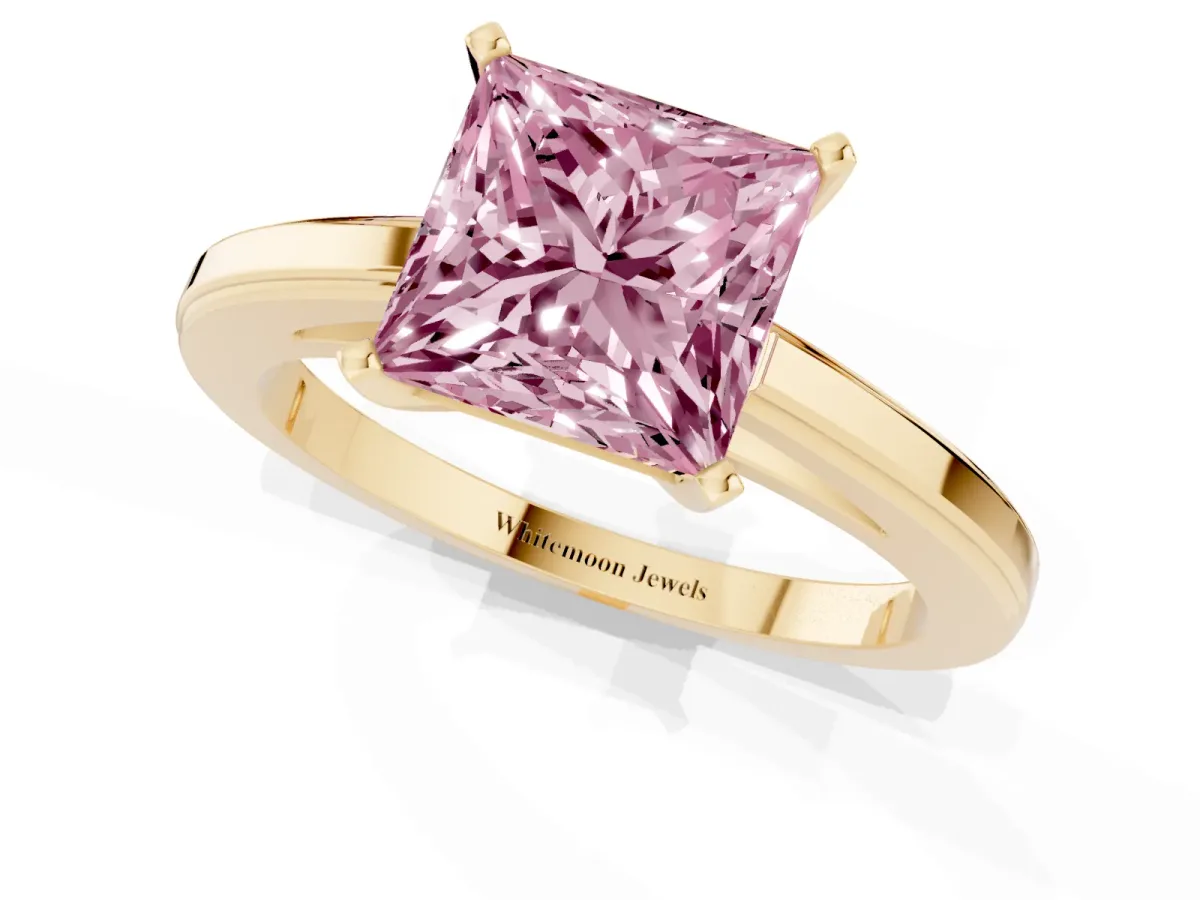 Fancy Pink Princess Cut Solitaire Diamond Ring with Four-Prong Setting and Classic Band Yellow gold