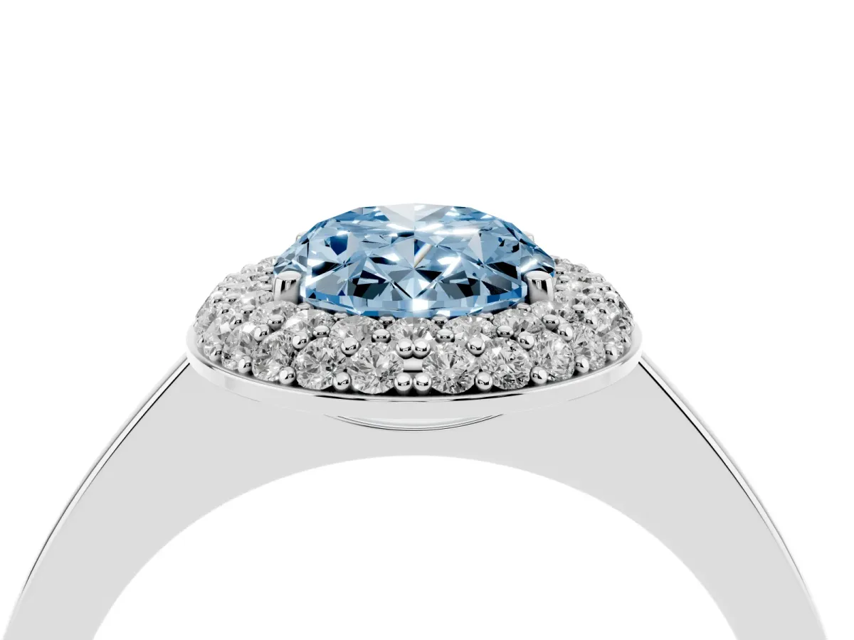 Fancy Blue Oval Cut Halo Diamond Engagement Ring with Solitaire Band and Four-Prong Setting Silver