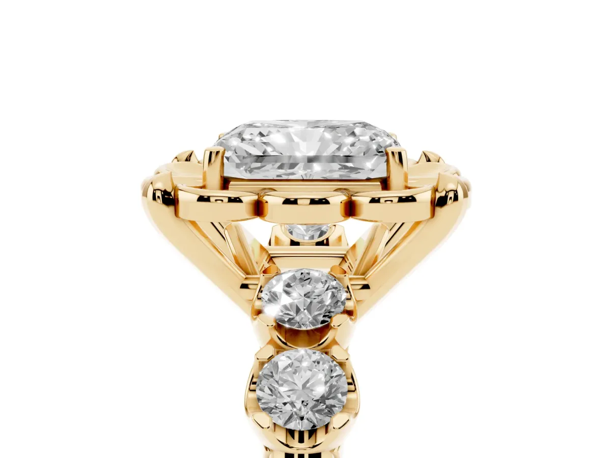 Radiant Cut Cut Diamond Floral Halo Engagement Ring with Shared Prong Setting Yellow gold