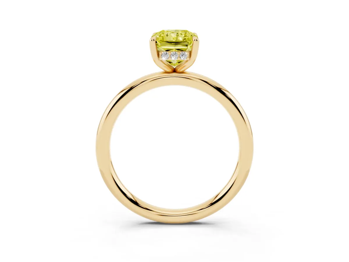 Fancy Yellow Radiant Cut Diamond Solitaire Ring with Thin Band and Four-Prong Setting Yellow gold