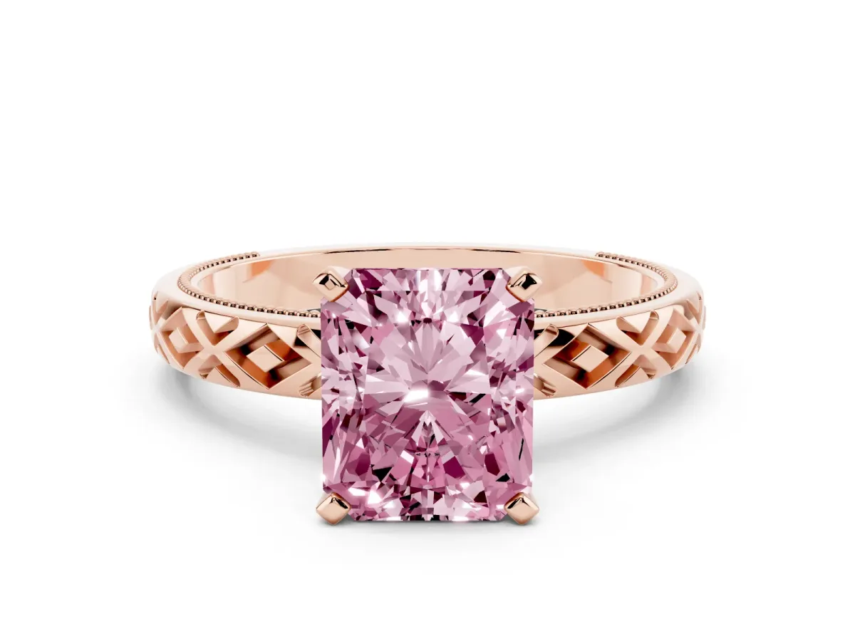 Fancy Pink Radiant Cut Solitaire Diamond Ring with Milgrain and Black Enamel X Pattern Band Rose gold