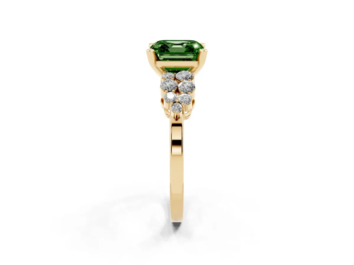Fancy Green Asscher Cut Cluster Diamond Engagement Ring with Pavé Band and Four-Prong Setting Yellow gold