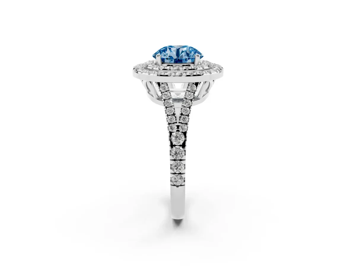 Fancy Blue Round Cut Diamond Double Halo Ring with Pavé Band and Prong Setting Platinum