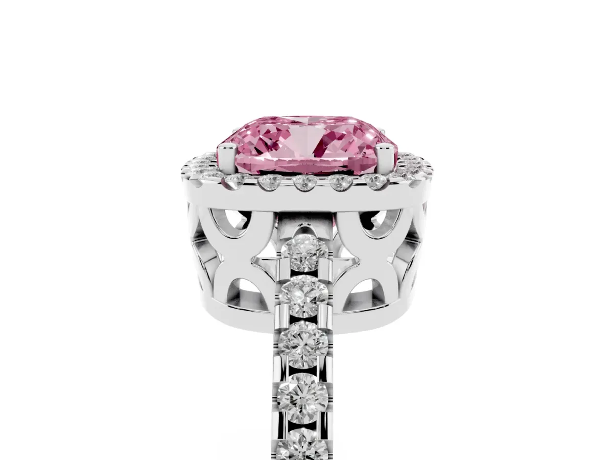 Fancy Pink Cushion Cut Diamond Halo Engagement Ring with Pavé Band and Prong Setting Silver