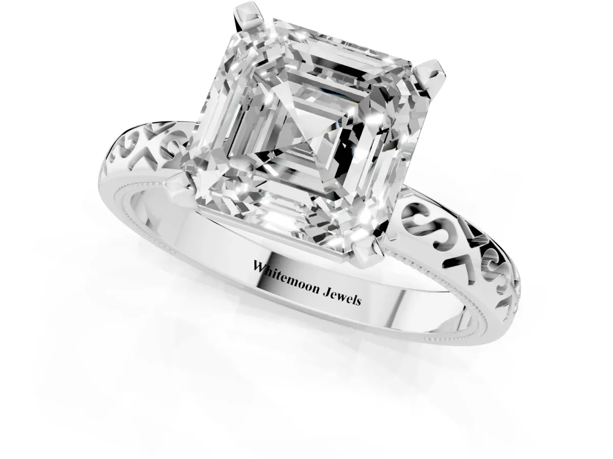 Asscher Cut Solitaire Engagement Ring with Scrollwork Band and Four-Prong Setting Silver