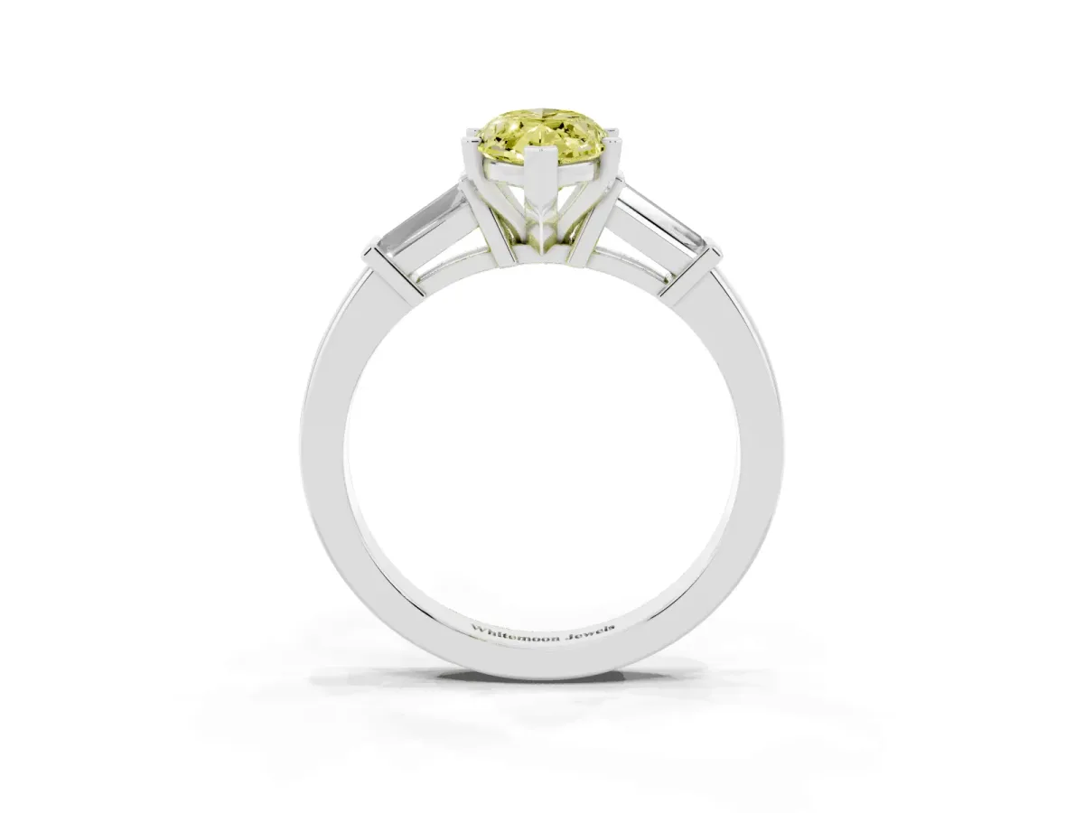 Fancy Yellow Marquise Cut Cut Diamond Solitaire Ring with Tapered Baguette Accents and Four-Prong Setting Silver