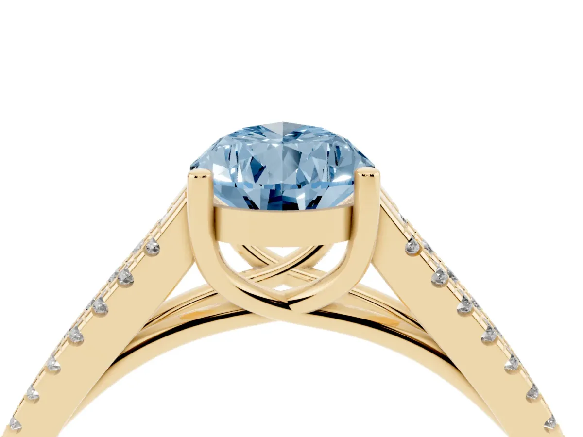 Fancy Blue Pear Cut Diamond Solitaire Engagement Ring with Split Shank Pavé Band Yellow gold