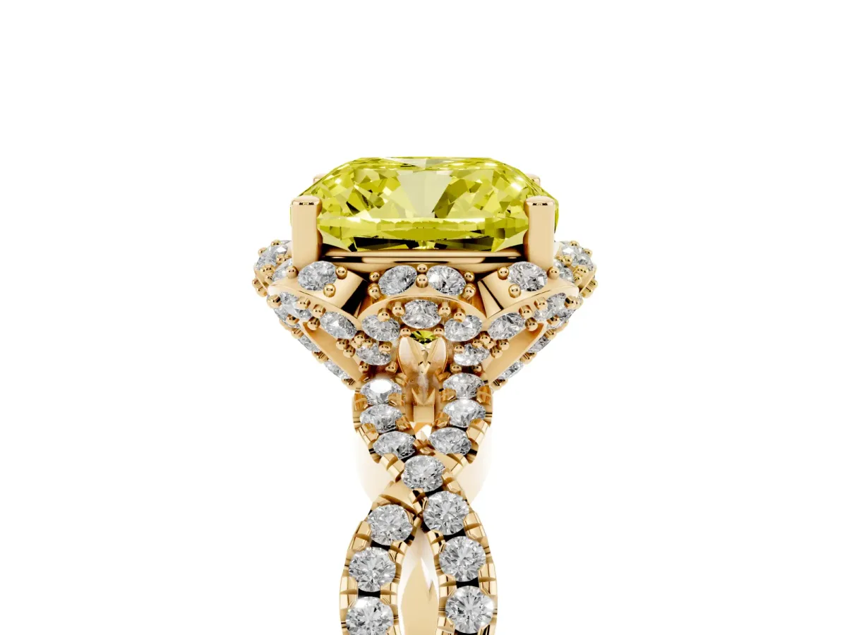 Fancy Yellow Cushion Cut Halo Twist Band Solitaire Ring with Six-Prong Setting Yellow gold