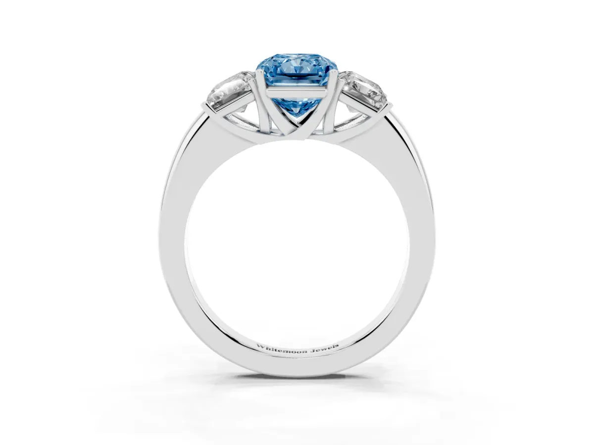 Fancy Blue Radiant Cut Diamond Three-Stone Ring with Four-Prong Setting and Classic Band Silver