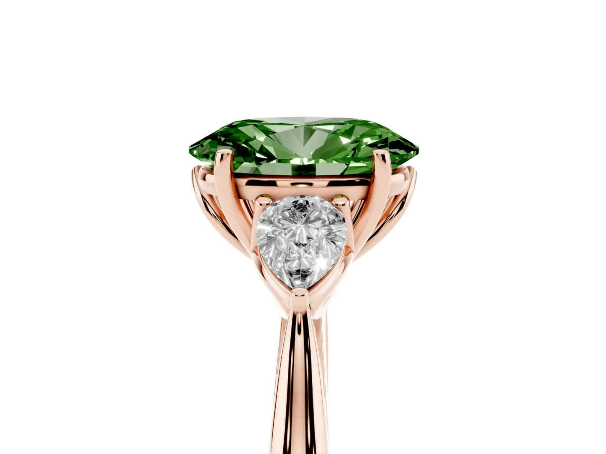 Fancy Green Three-Stone Oval Cut Diamond Ring with Pear Side Stones in Four-Prong Setting Rose gold
