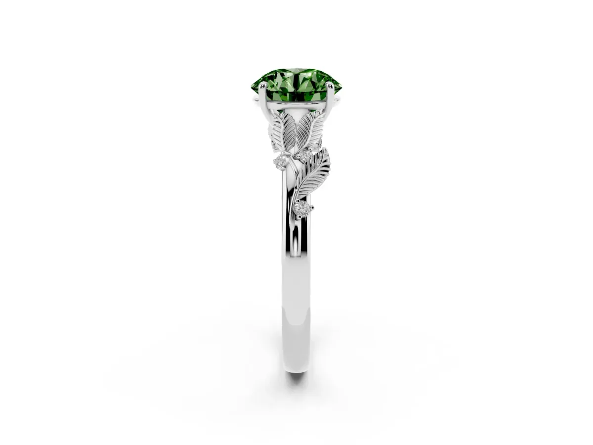 Fancy Green Round Cut Diamond Solitaire Ring with Leaf Motif Band and Four-Prong Setting Platinum