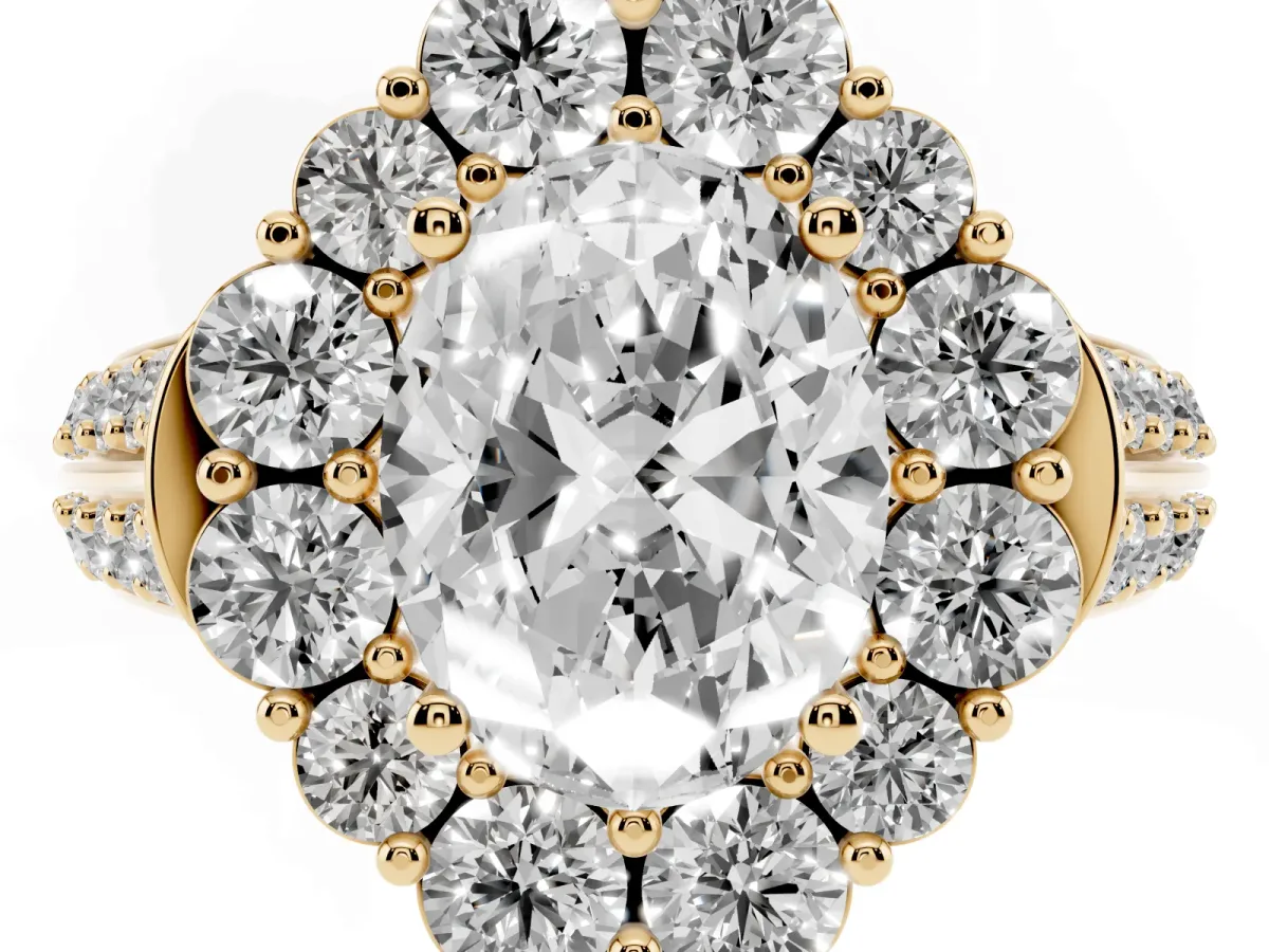 Oval Cut Halo Diamond Engagement Ring with Split Shank and Prong Setting Yellow gold