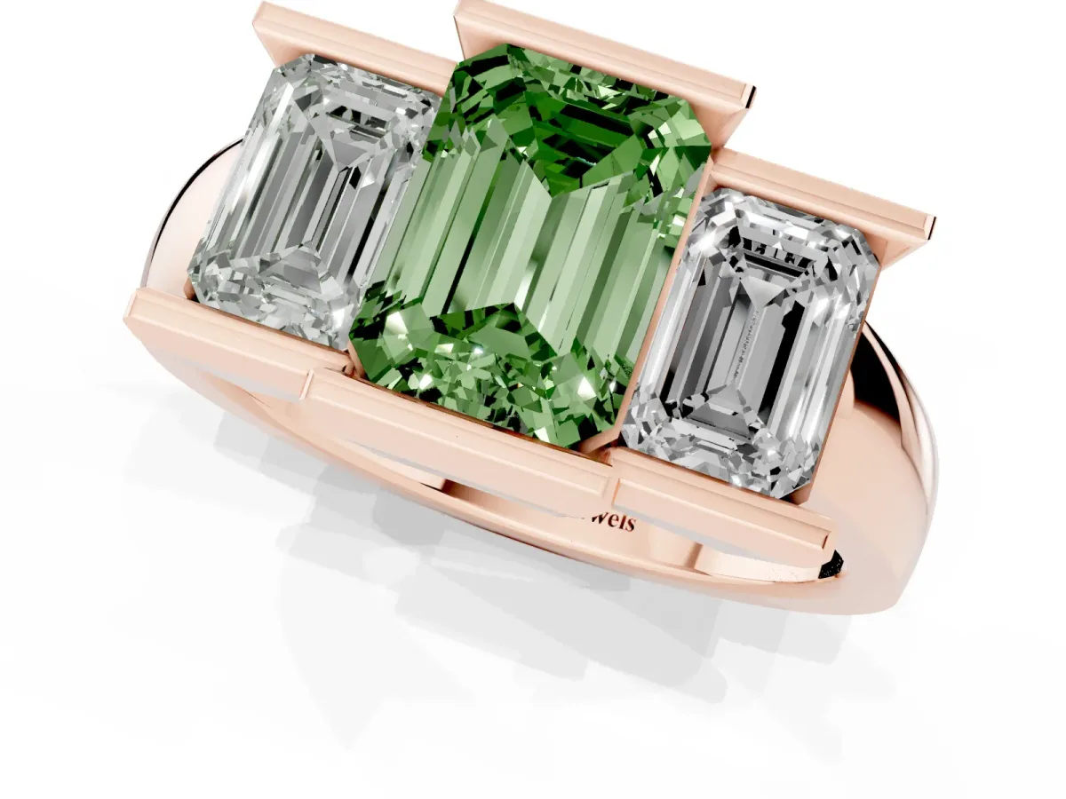Fancy Green Three Stone Emerald Cut Cut Channel Set Diamond Ring Rose gold