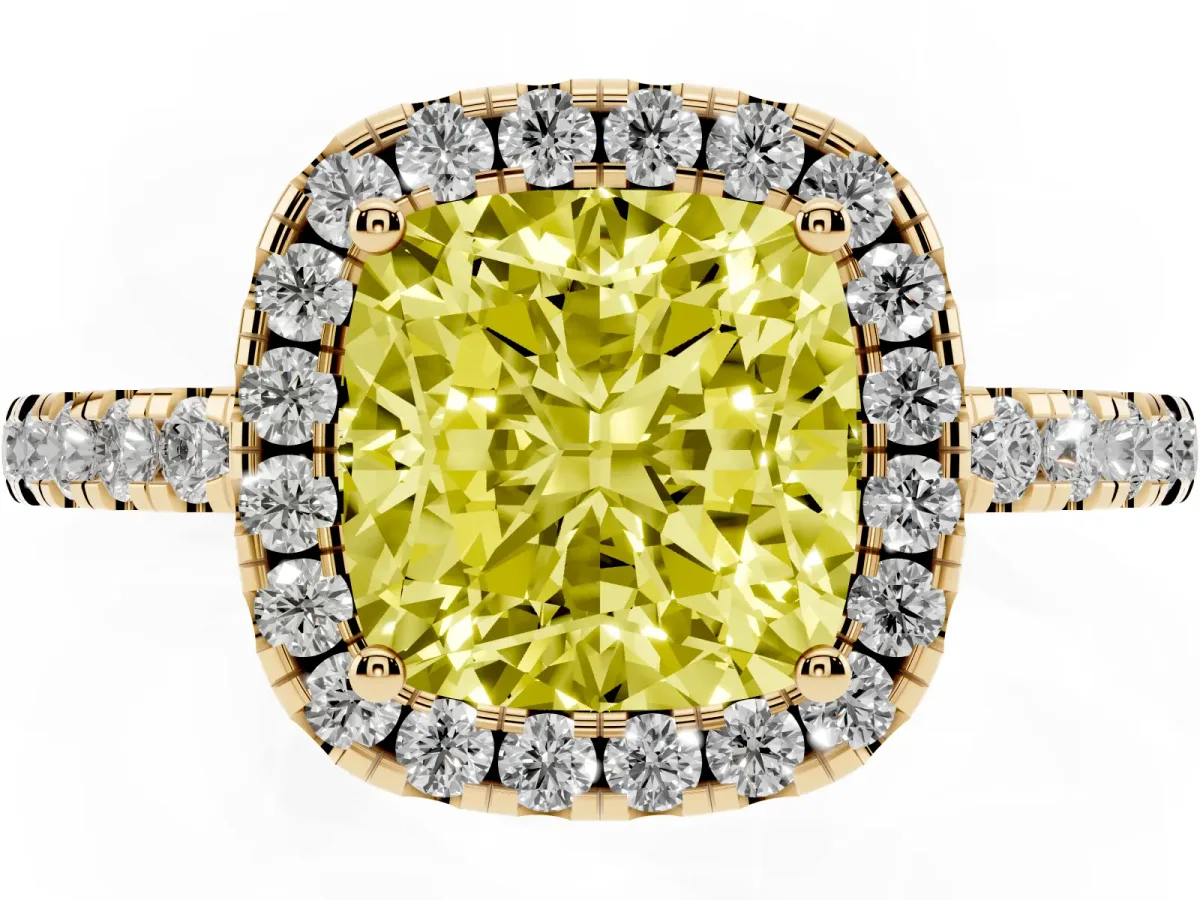 Fancy Yellow Cushion Cut Halo Diamond Engagement Ring with Pavé Band and Four-Prong Setting Yellow gold