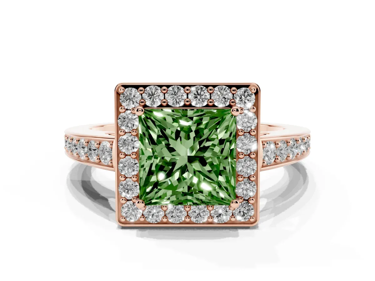 Fancy Green Princess Cut Halo Pavé Diamond Engagement Ring with Bezel Setting Rose gold