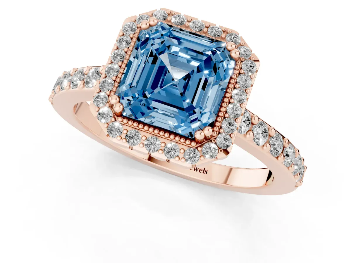 Fancy Blue Asscher Cut Cut Diamond Halo Engagement Ring with Milgrain Detail and Pavé Band Rose gold