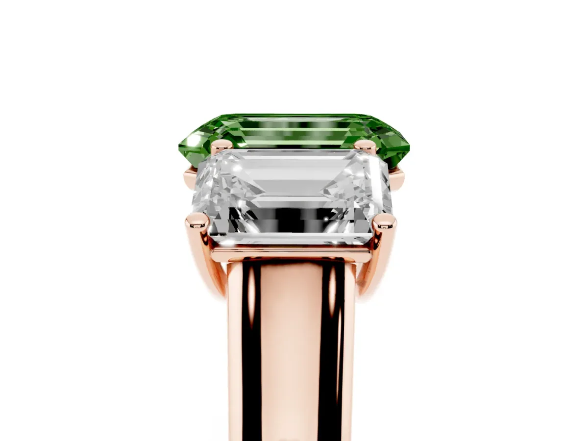 Fancy Green Emerald Cut Three-Stone Diamond Ring with Prong Setting on a Classic Band Rose gold