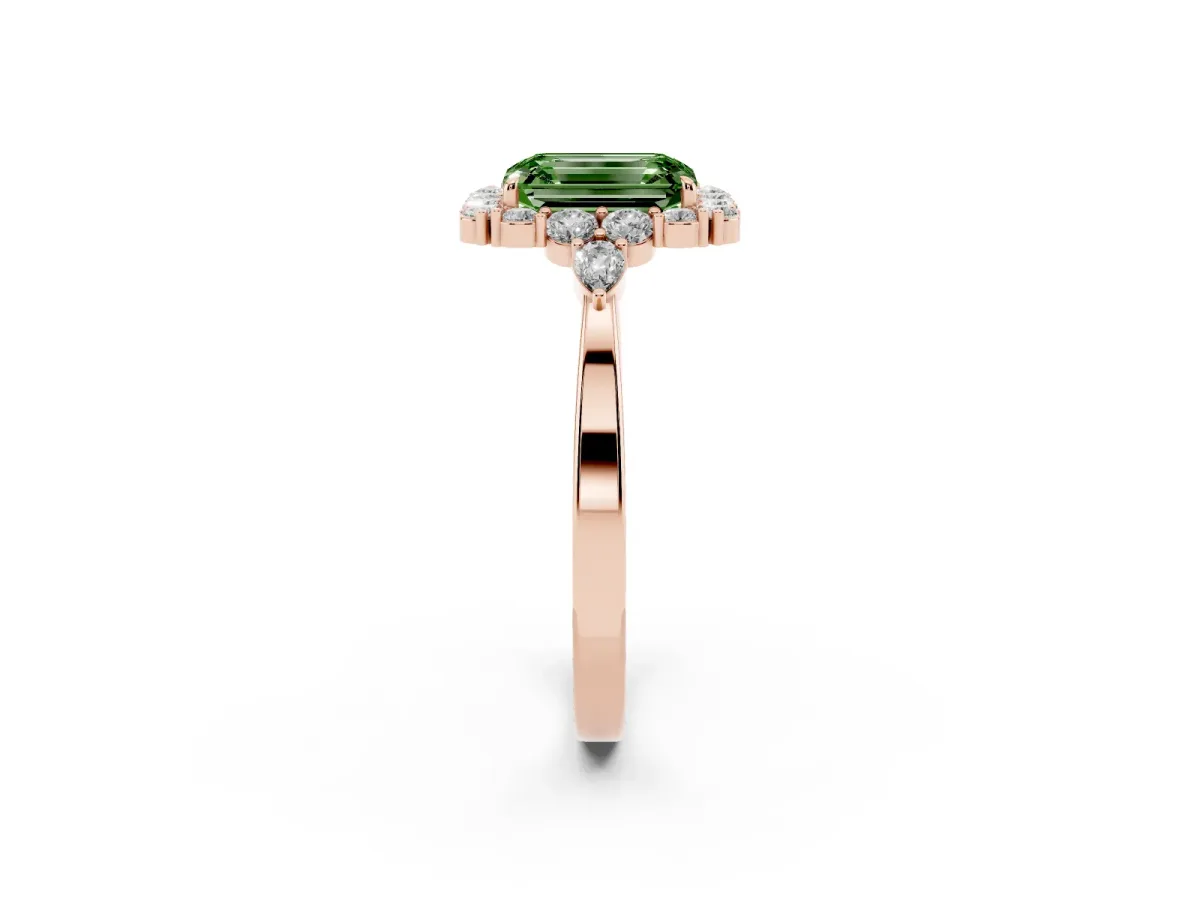Fancy Green Emerald Cut Diamond Halo Ring with Pear Side Stones and Prong Setting Rose gold