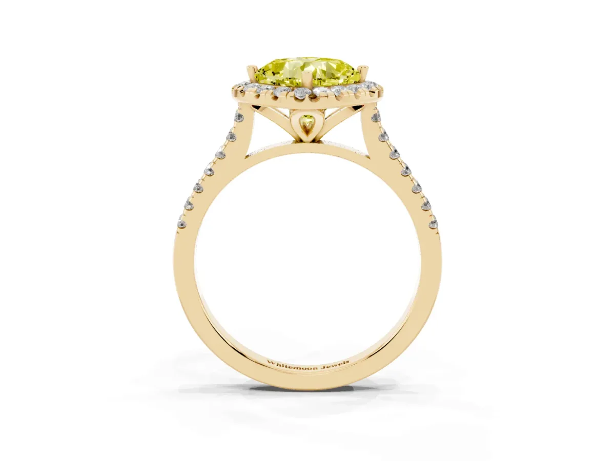 Fancy Yellow Cushion Cut Diamond Cushion Halo Ring with Pavé Band Yellow gold