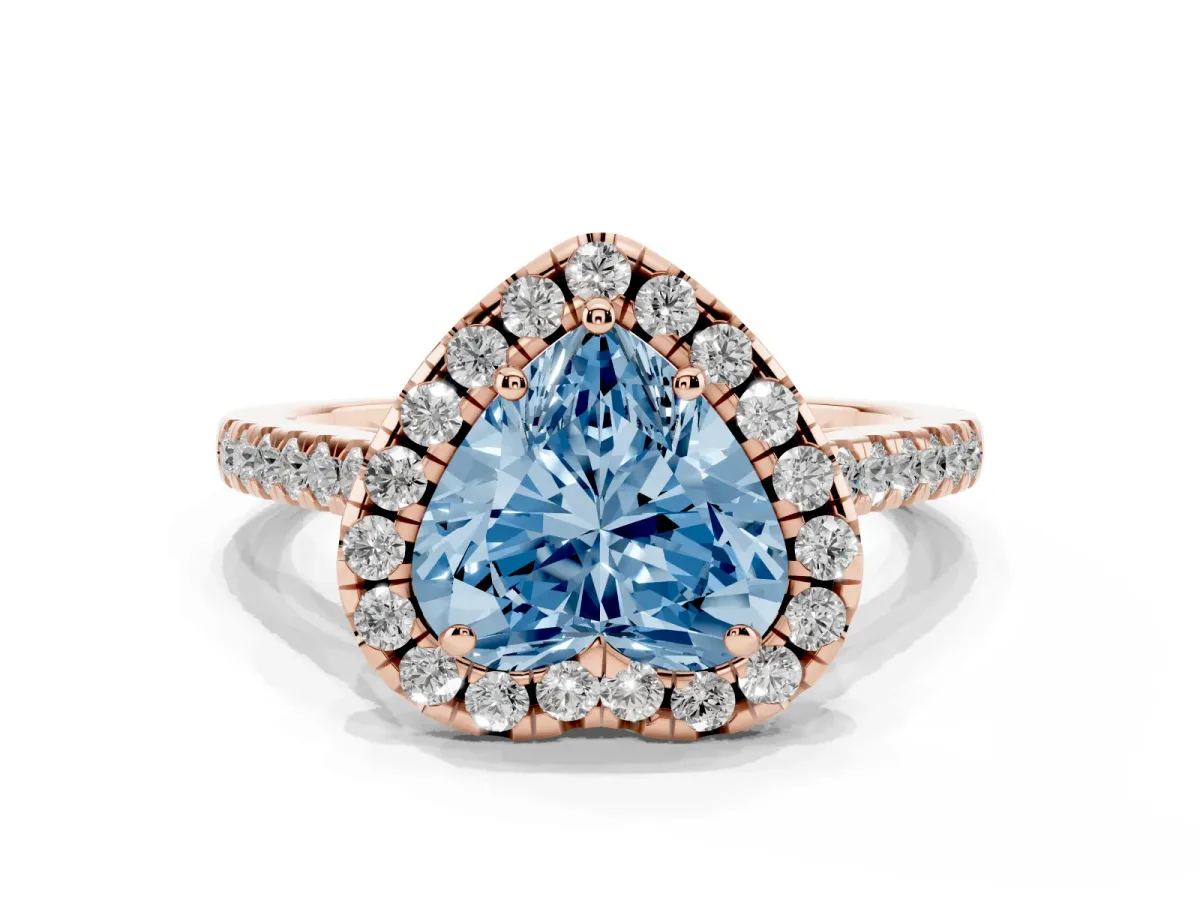 Fancy Blue Heart Cut Halo Pavé Diamond Engagement Ring with Four-Prong Setting Rose gold