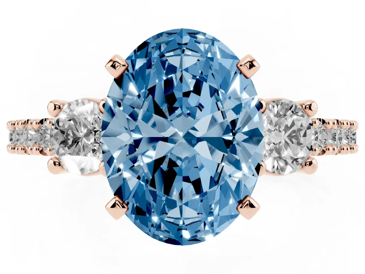 Fancy Blue Oval Cut Three-Stone Diamond Pavé Band with Prong Setting Rose gold