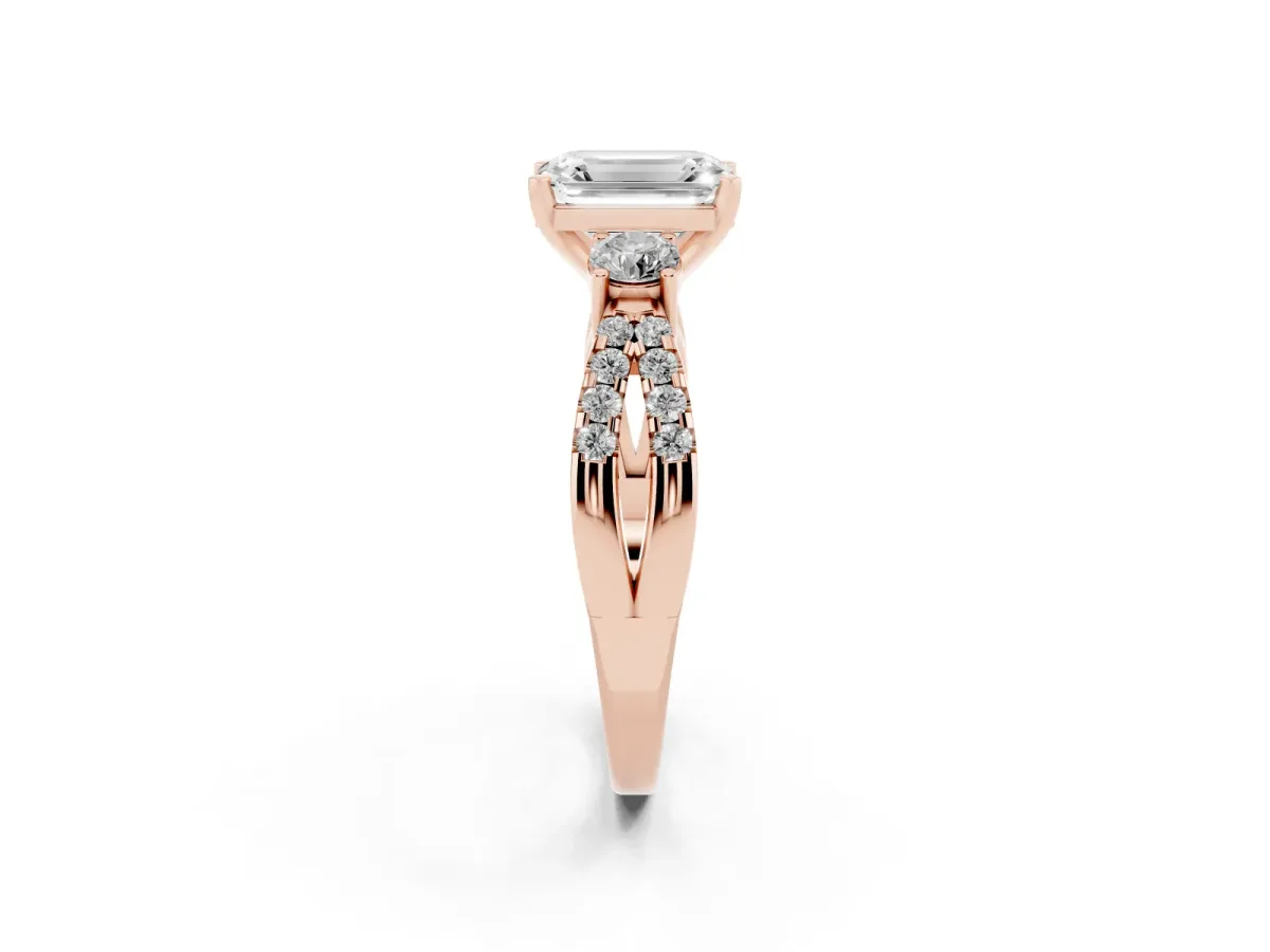 Emerald Cut Diamond Three-Stone Ring with Pavé Split Shank and Four-Prong Setting Rose gold