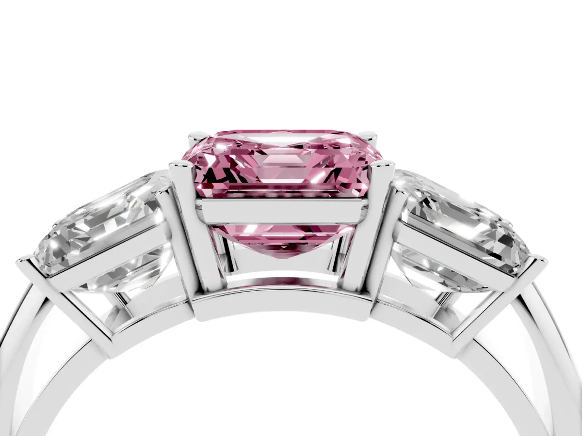 Fancy Pink Three-Stone Asscher Cut Cut Diamond Engagement Ring with Prong Setting on a White Gold Band Platinum