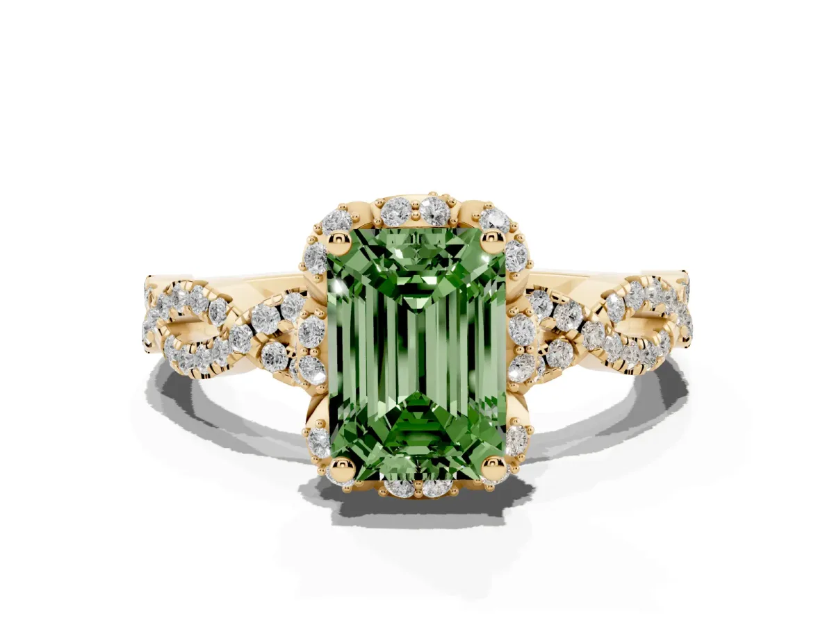 Fancy Green Emerald Cut Halo Twist Band Solitaire Ring with Six-Prong Setting Yellow gold