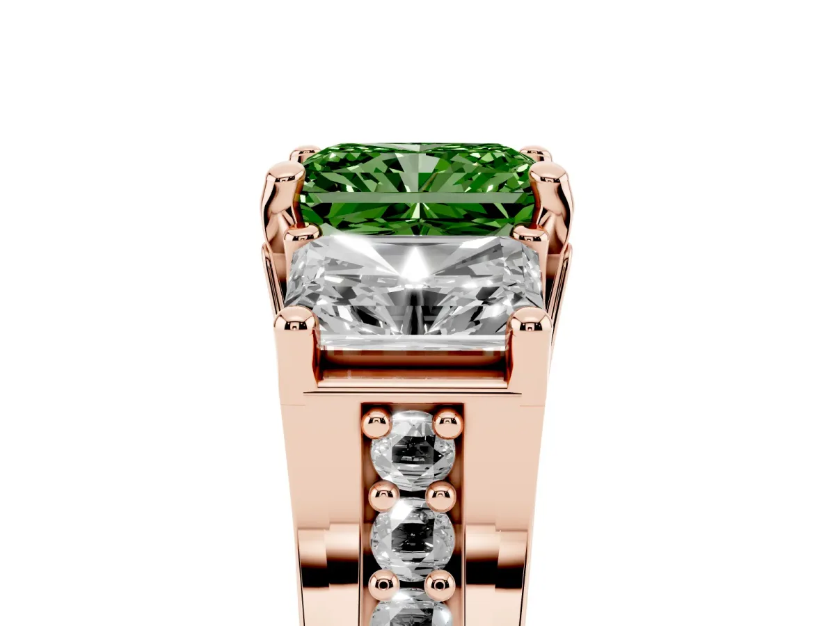 Fancy Green Radiant Cut Diamond Three-Stone Ring with Channel Set Band and Four-Prong Setting Rose gold