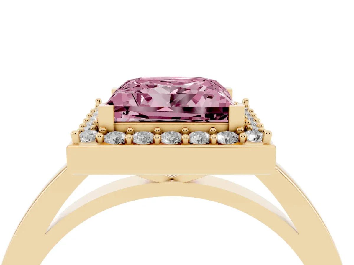 Fancy Pink Princess Cut Halo Diamond Ring with Solitaire Band and Prong Setting Yellow gold