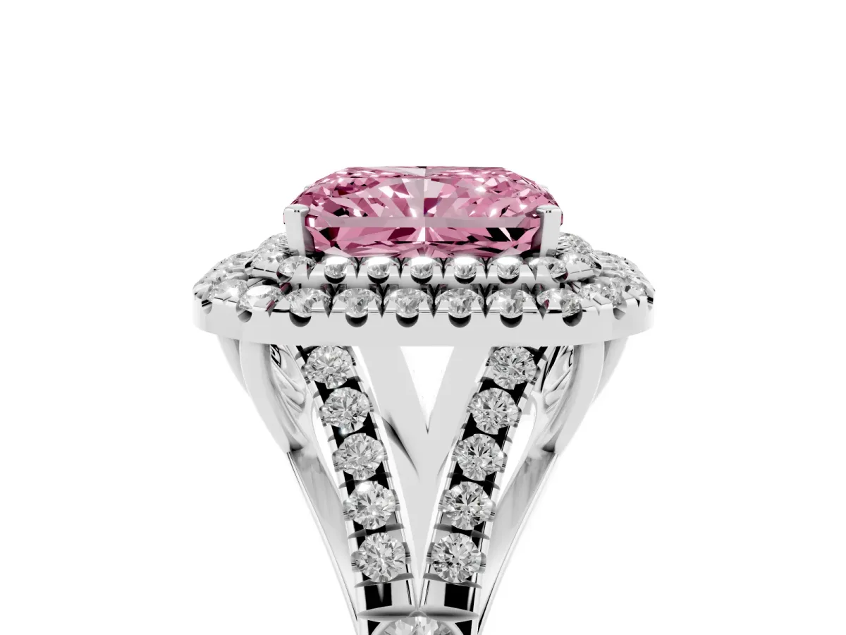 Fancy Pink Double Halo Radiant Cut Diamond Split Shank Engagement Ring with Four-Prong Setting Silver