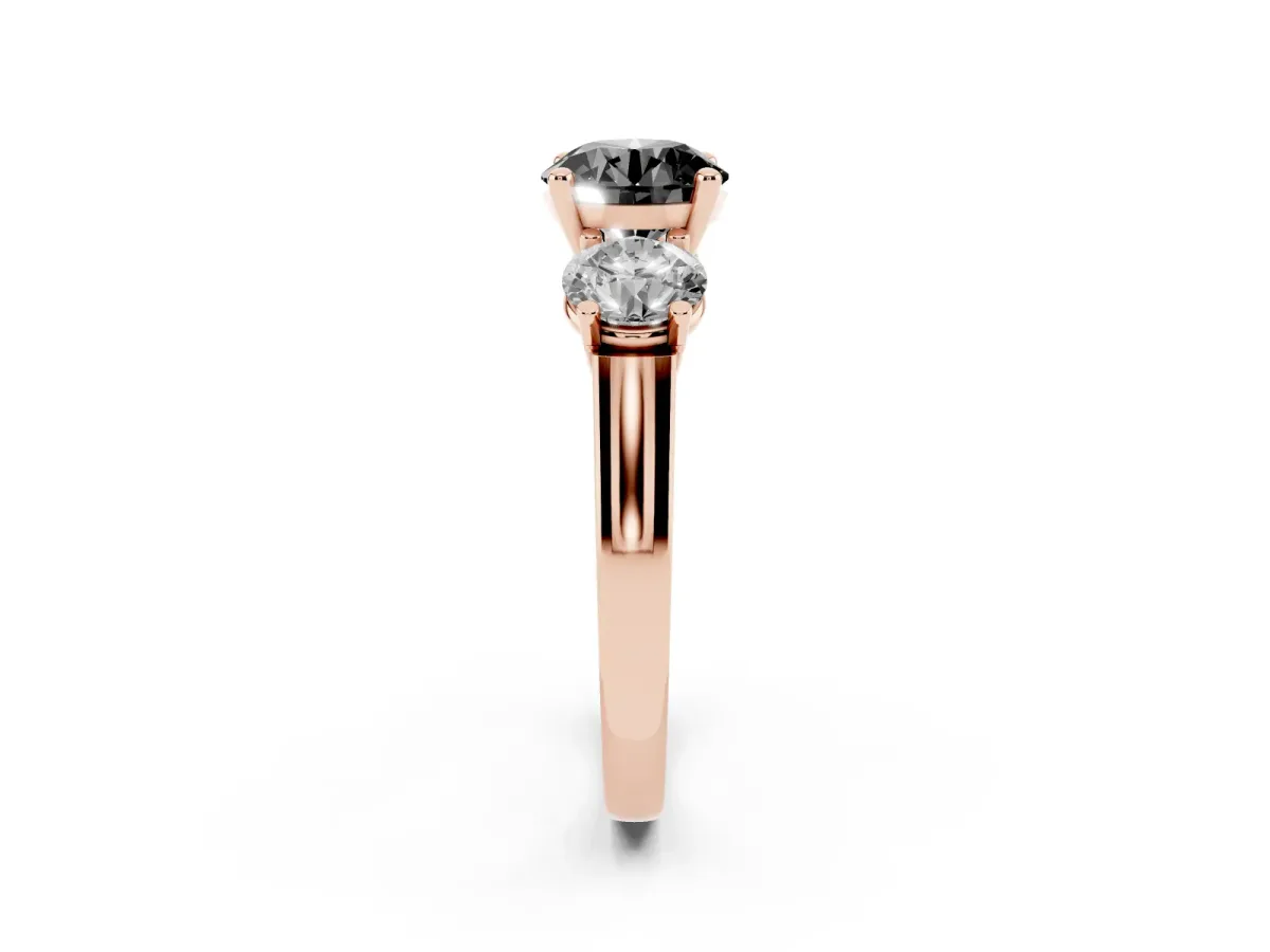 Fancy Black Three-Stone Round Cut Brilliant Diamond Trellis Ring with Comfort Fit Band Rose gold