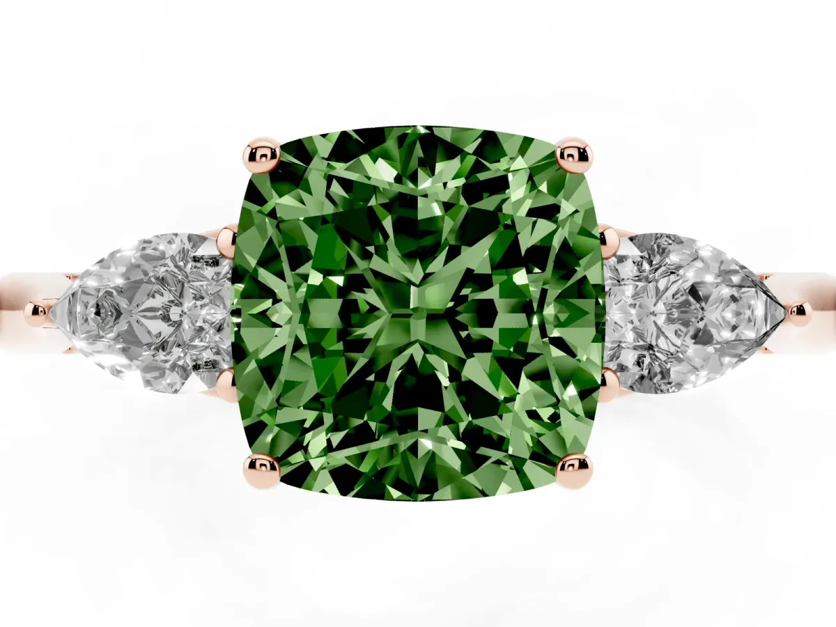 Fancy Green Three-Stone Cushion Cut Diamond Ring with Pear Side Stones in Four-Prong Setting Rose gold