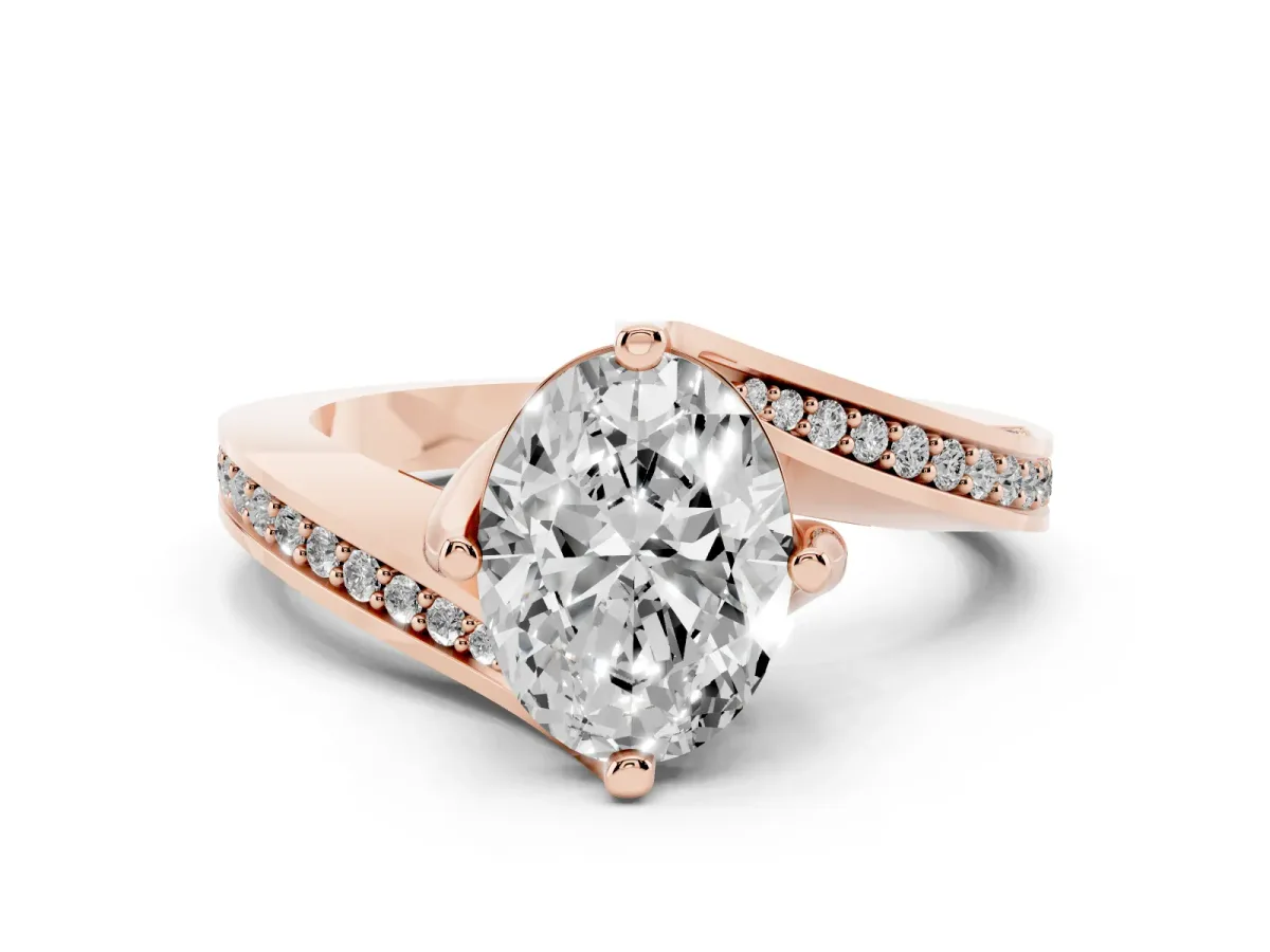 Oval Cut Solitaire Diamond Twist Band with Pavé Setting and Four-Prong Setting Rose gold