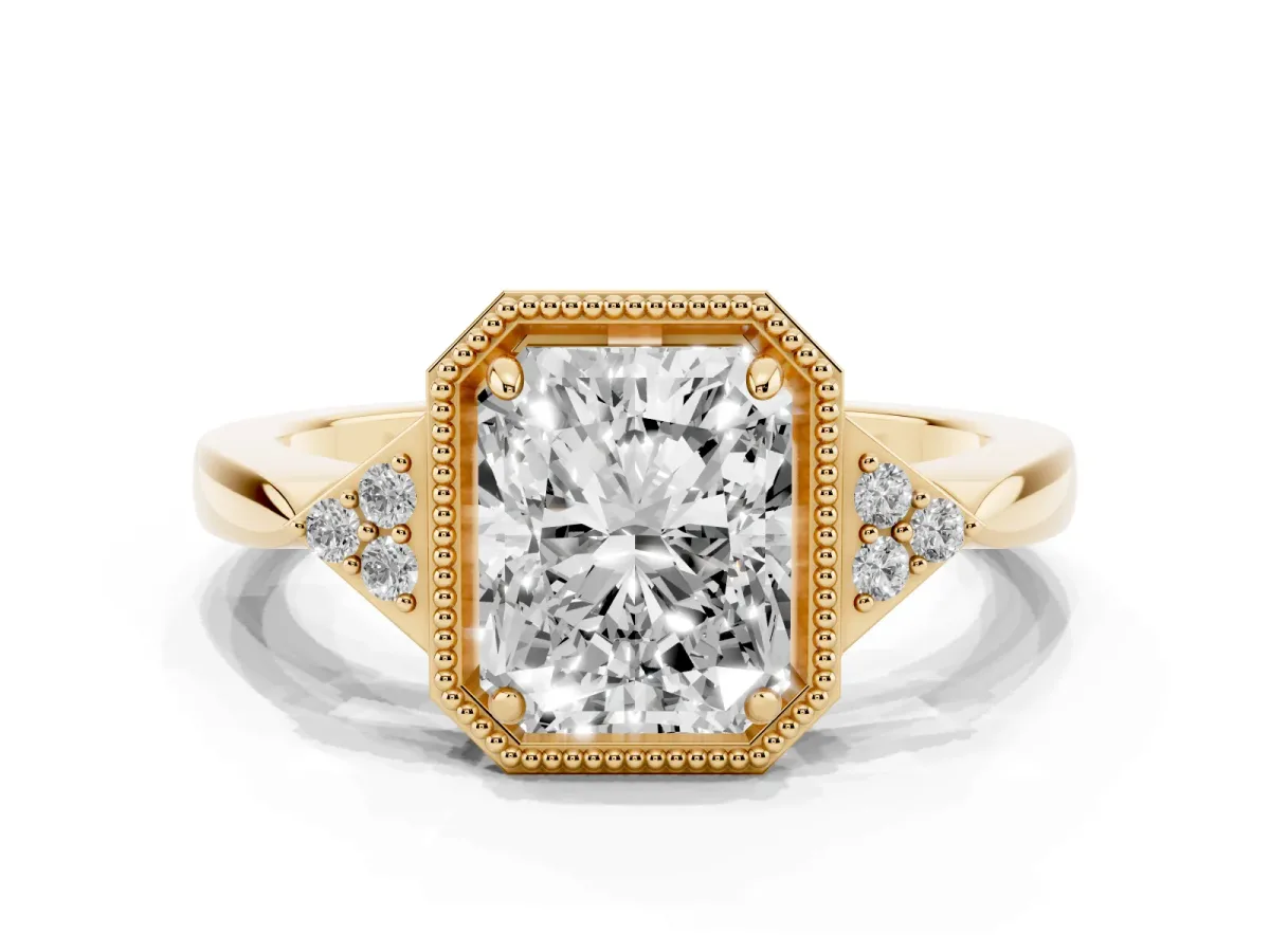 Hexagonal Halo Radiant Cut Diamond Solitaire with Pavé Band and Four-Prong Setting Yellow gold