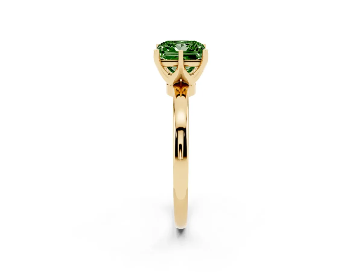 Fancy Green Princess Cut Solitaire Diamond Ring with Six-Prong Setting on a Classic Band Yellow gold