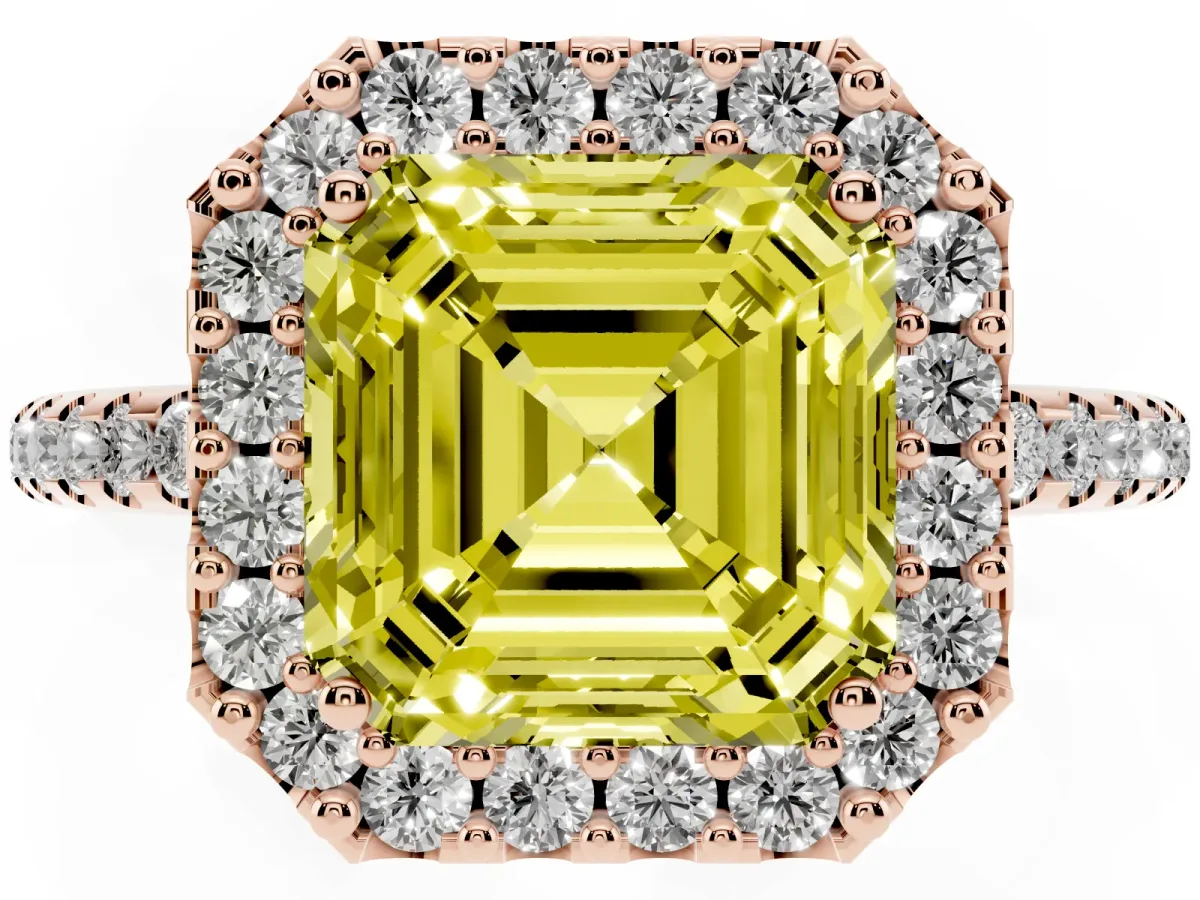 Fancy Yellow Asscher Cut Diamond Pavé Halo Ring with Four-Prong Setting Rose gold