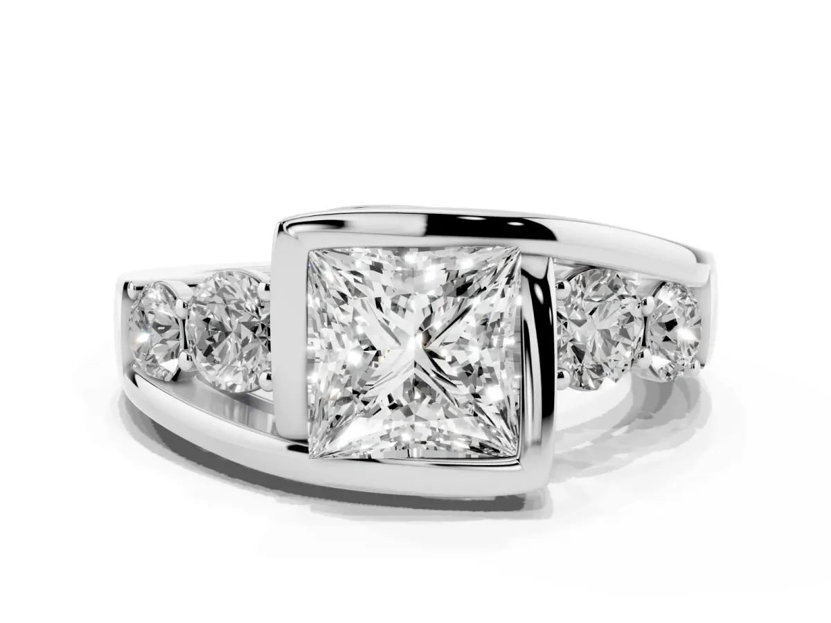 Bezel Set Princess Cut Diamond Bypass Ring with Round Accents Platinum