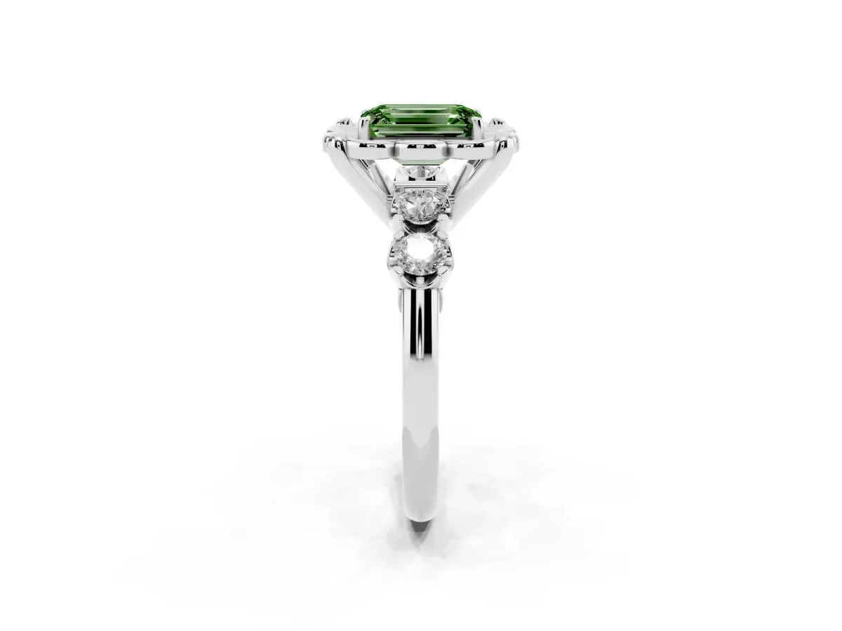 Fancy Green Emerald Cut Cut Diamond Floral Halo Engagement Ring with Shared Prong Setting Silver
