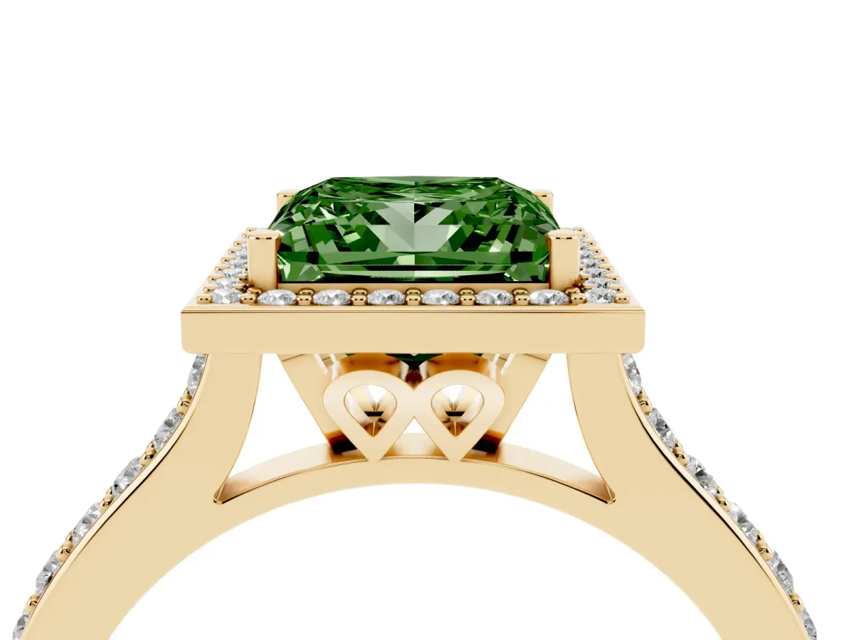 Fancy Green Princess Cut Diamond Halo Engagement Ring with Round Pavé Shoulders and Prong Setting Yellow gold