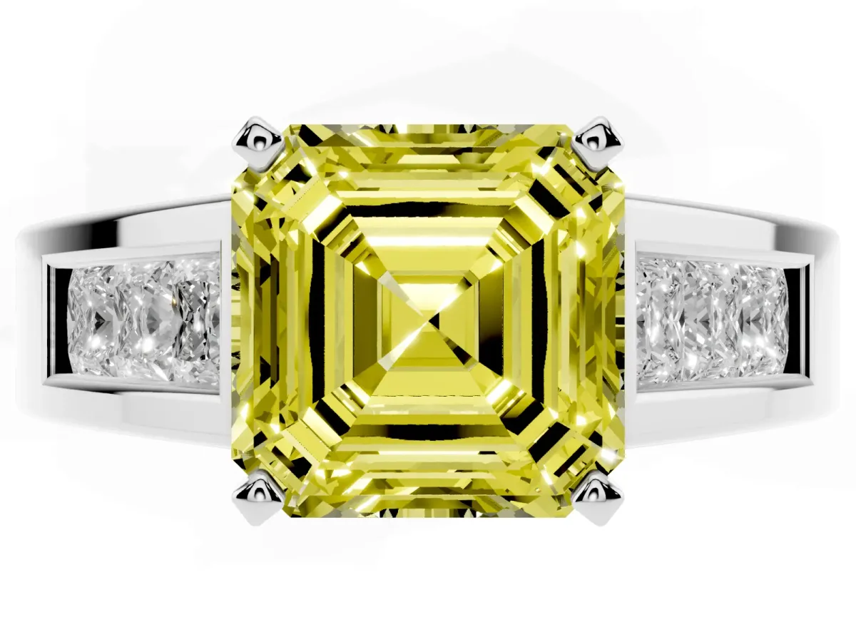 Fancy Yellow Asscher Cut Cut Channel Set Solitaire Ring with Four-Prong Setting White gold