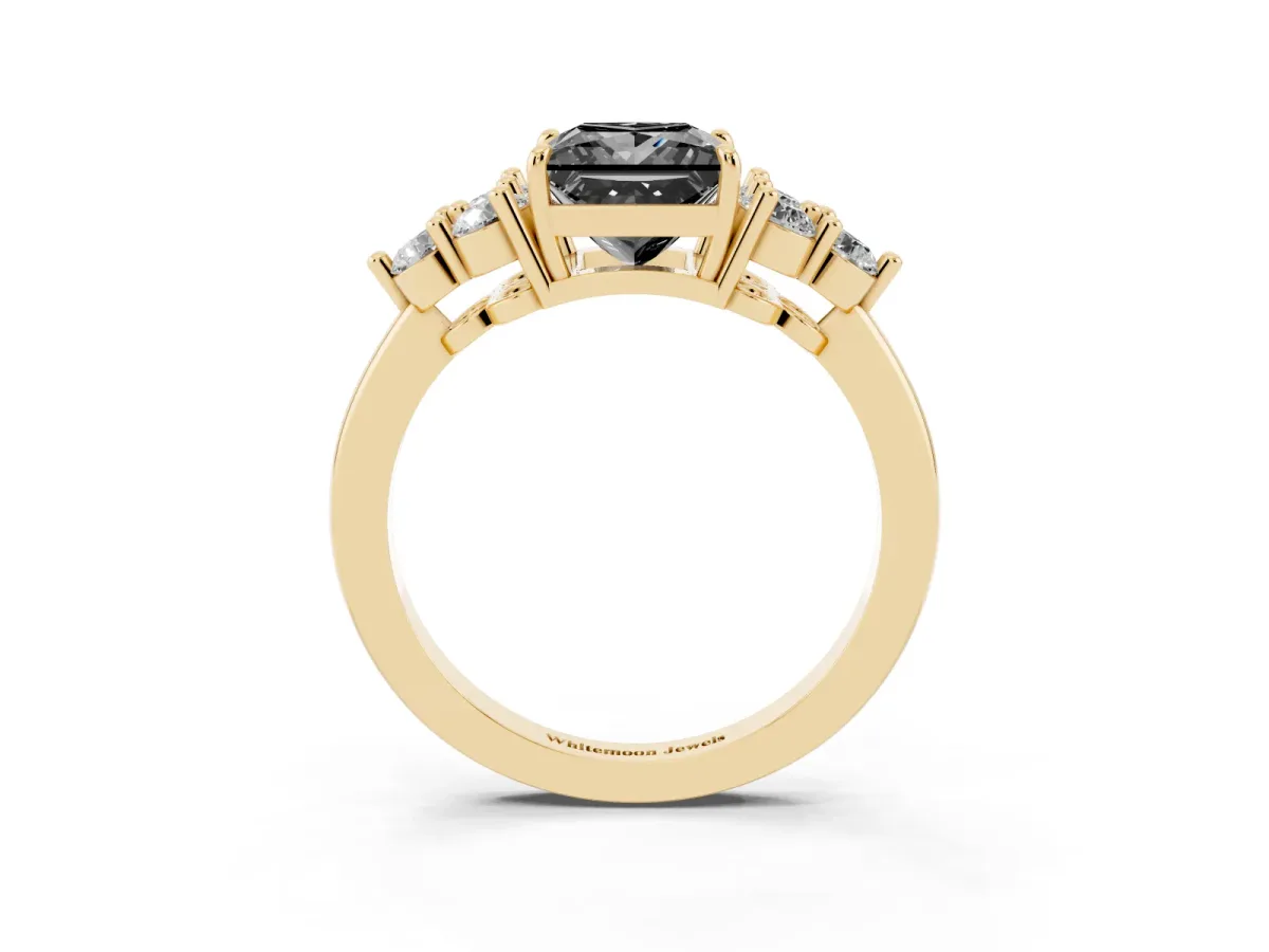 Fancy Black Princess Cut Brilliant Diamond Cluster Accent Solitaire Ring with Prong Setting Yellow gold