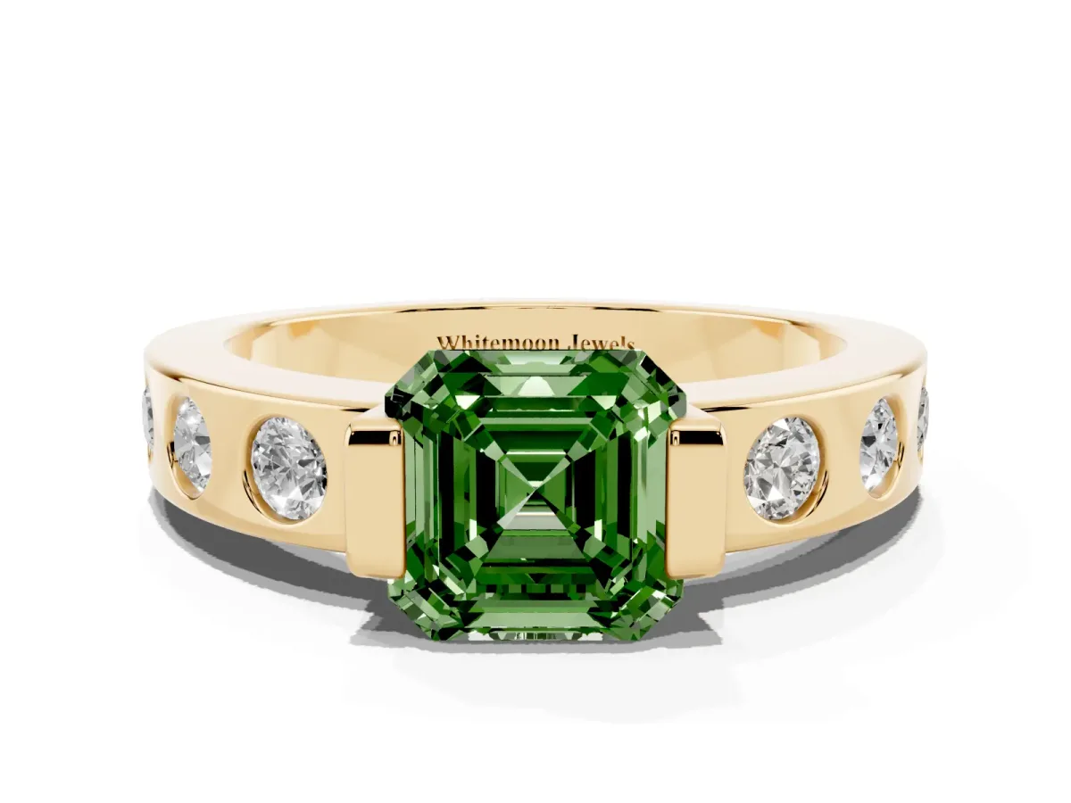 Fancy Green Asscher Cut Brilliant Channel-Set Diamond Ring with Bezel Prong Setting Yellow gold