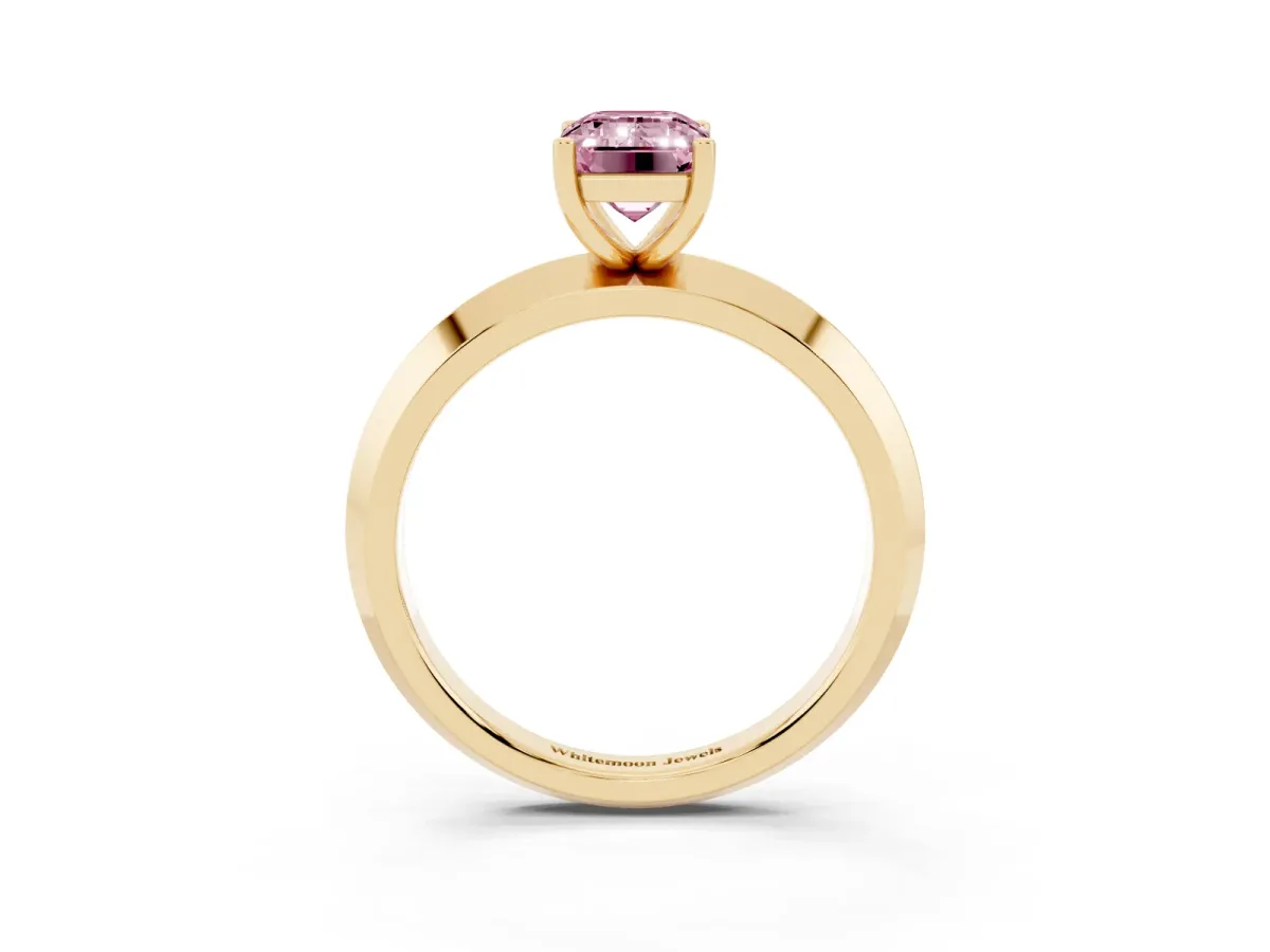 Fancy Pink Emerald Cut Cut Solitaire Engagement Ring with Flat Band and Four-Prong Setting Yellow gold