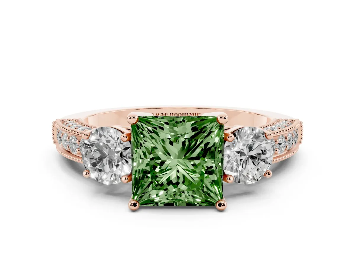 Fancy Green Princess Cut Three-Stone Diamond Ring with Pavé Band and Four-Prong Setting Rose gold