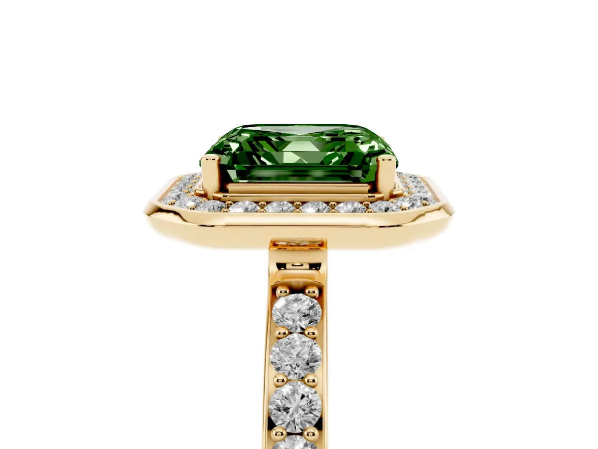 Fancy Green Asscher Cut Diamond Halo Ring with Bezel Frame and Pavé Band Yellow gold