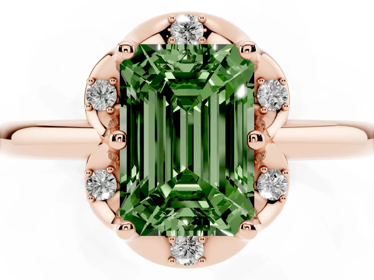 Fancy Green Emerald Cut Halo Diamond Ring with Round Cluster Setting, Solitaire Band, and Four-Prong Setting Rose gold