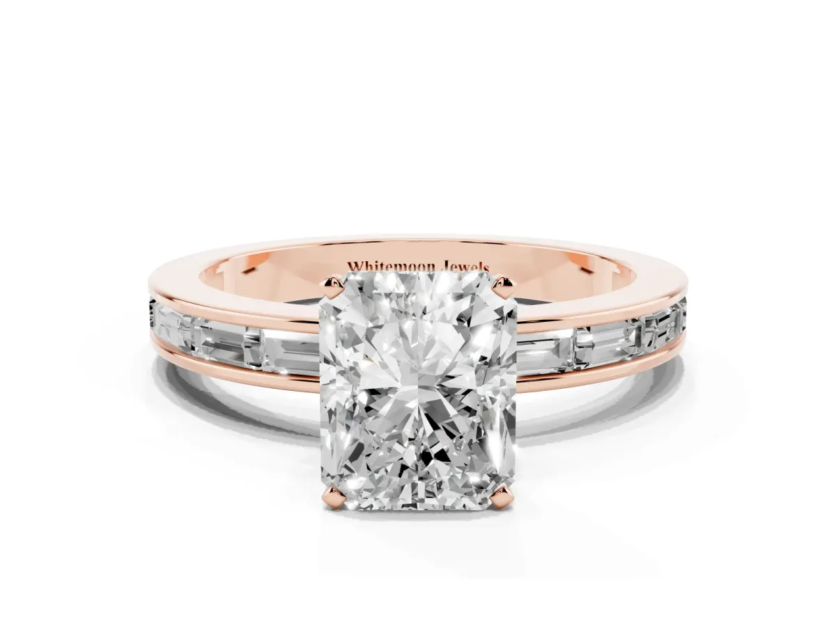 Radiant Cut Solitaire Diamond Ring with Channel-Set Baguette Band and Four-Prong Setting Rose gold