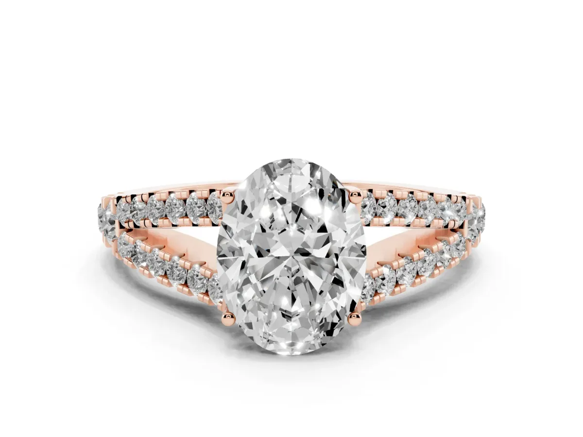 Oval Cut Diamond Split Shank Engagement Ring with Round Pavé and Prong Setting Rose gold